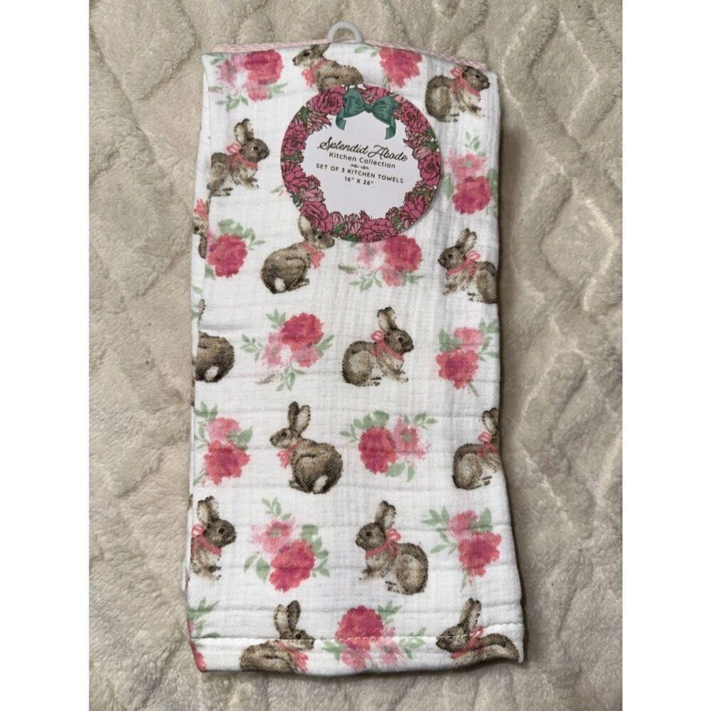 SA Easter Bunny Floral White Pink Muslin Cotton Tea Kitchen Towels Set of 3